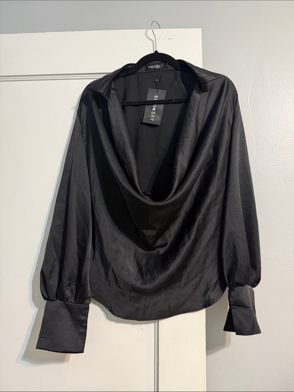 Black Satin Cowl-Neck Blouse